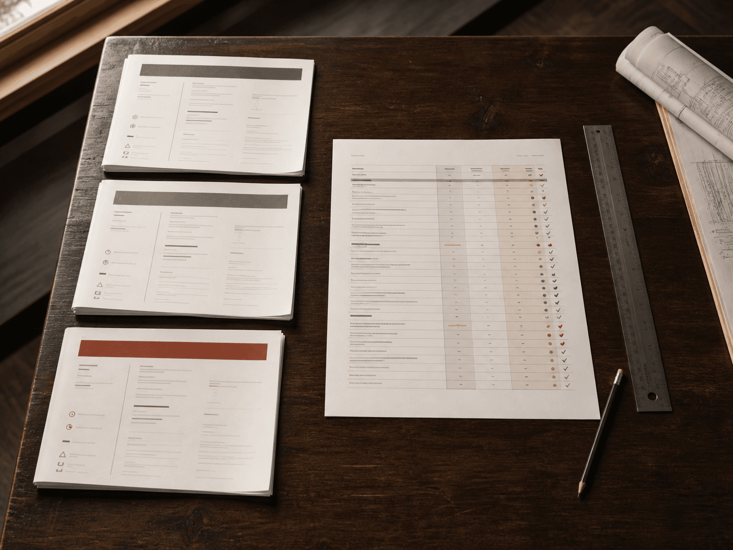 Contractor proposal packets arranged beside a bid leveling comparison sheet